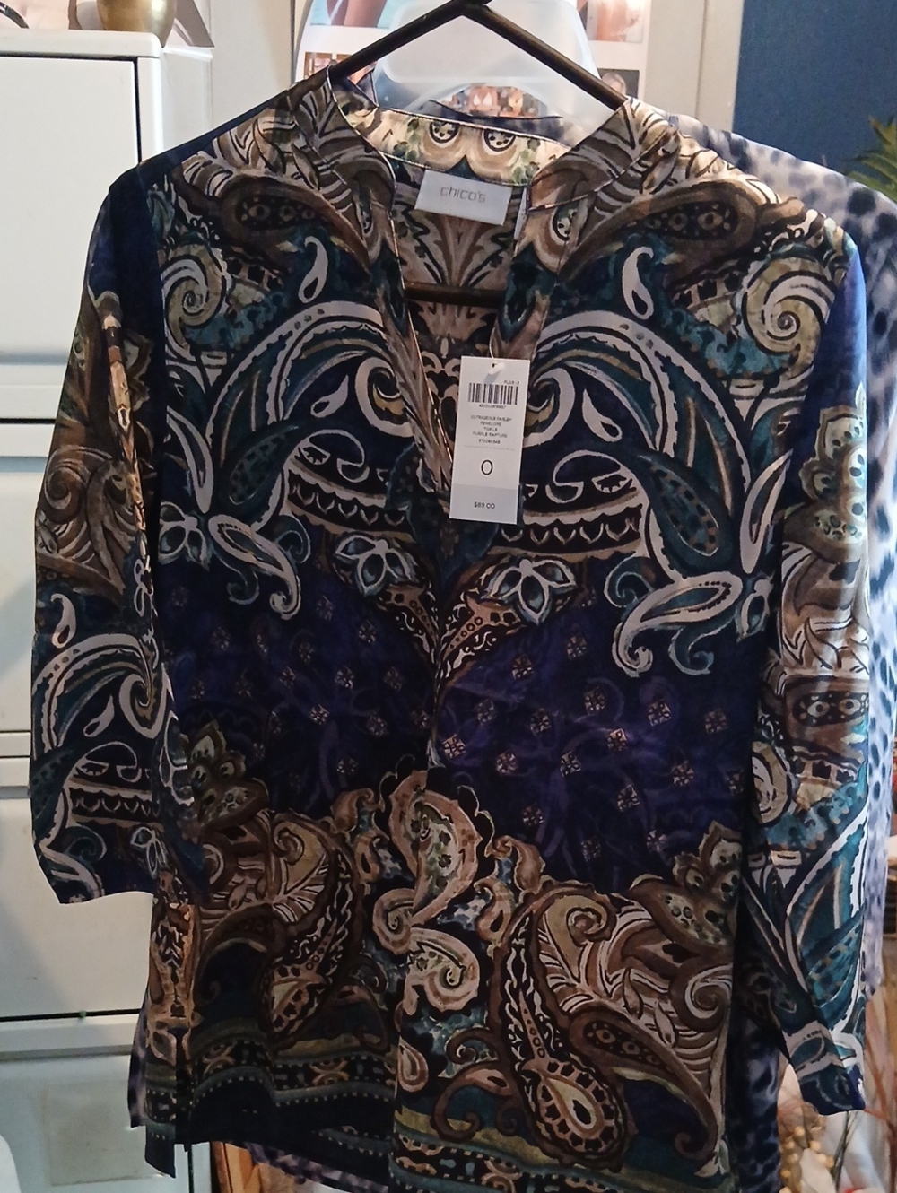 Chico's Paisley Button-Front Blouse in Navy, Teal & Brown